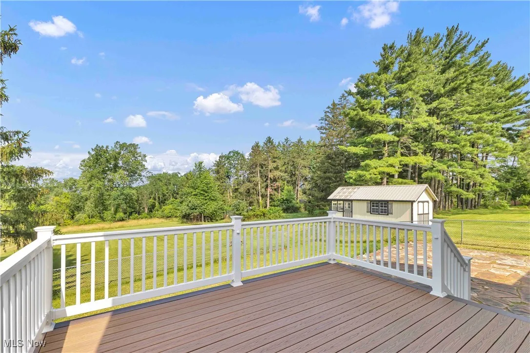 Wooden terrace featuring a storage unit