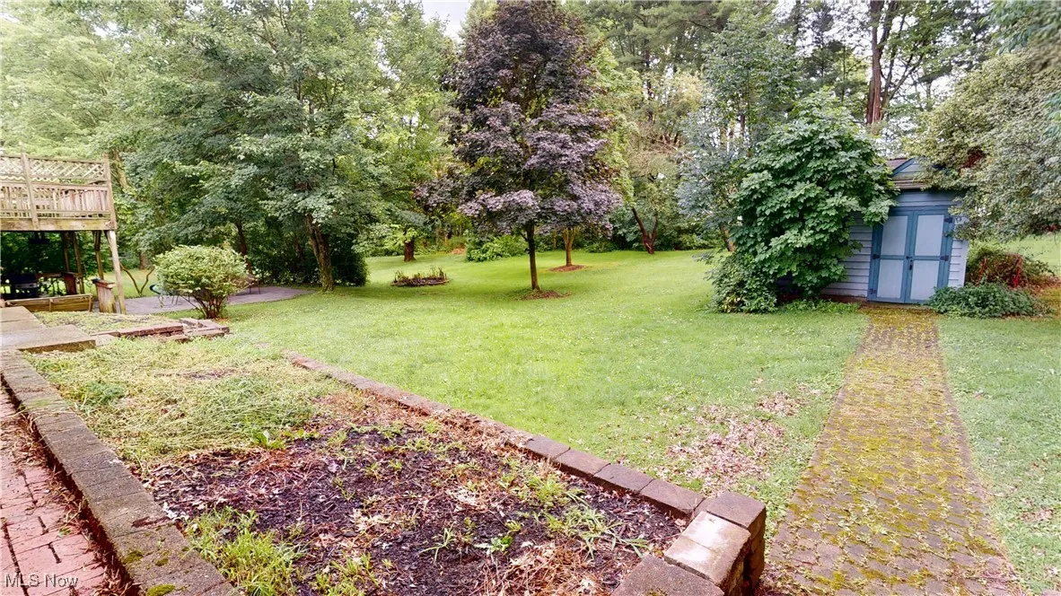 View of green lawn with a shed and a wooden deck