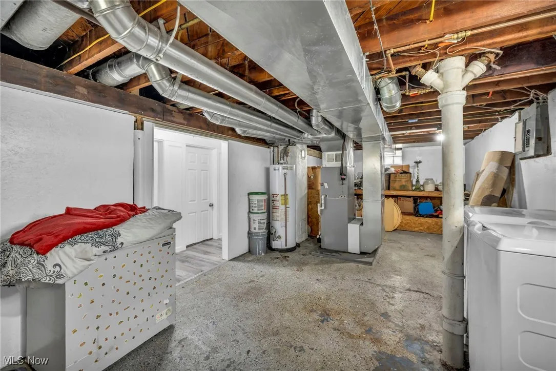 Unfinished below grade area with gas water heater, separate washer and dryer, electric panel, and heating unit