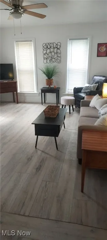 Living room with a ceiling fan, wood finished floors, and healthy amount of natural light
