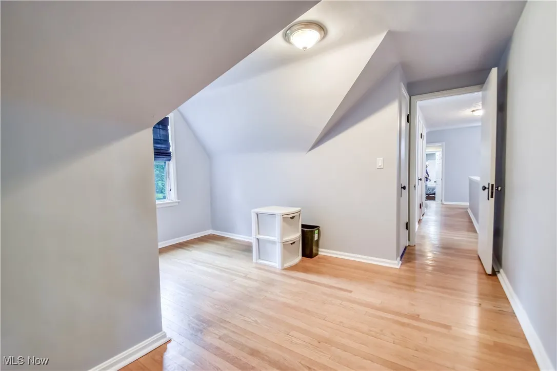Additional living space featuring light wood finished floors and vaulted ceiling