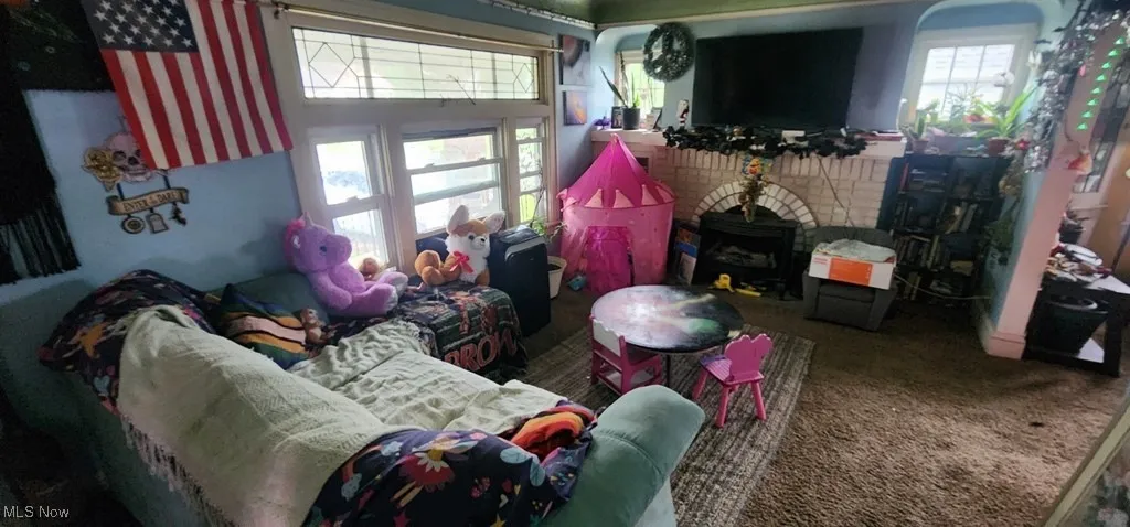 Living area featuring healthy amount of natural light, a wood stove, and carpet flooring