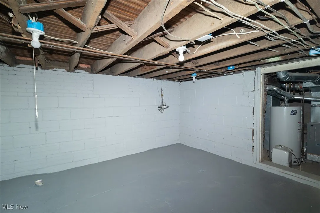 Unfinished below grade area featuring gas water heater