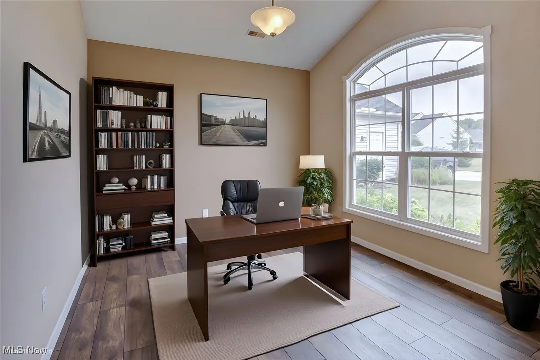 Office space featuring vaulted ceiling and wood finished floors