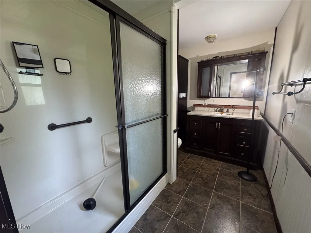 Bathroom with a shower stall and vanity