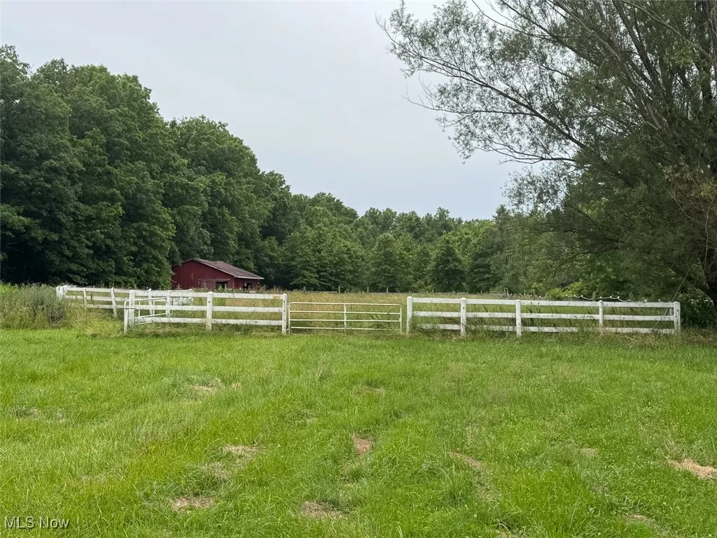 View of pasture featuring a wooded view and a view of countryside