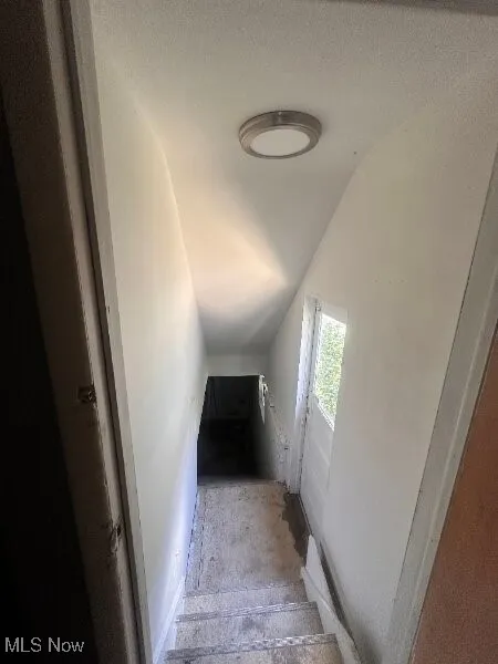 Stairway featuring vaulted ceiling and carpet floors
