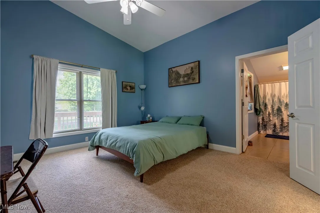 Bedroom featuring light colored carpet, vaulted ceiling, and a ceiling fan
