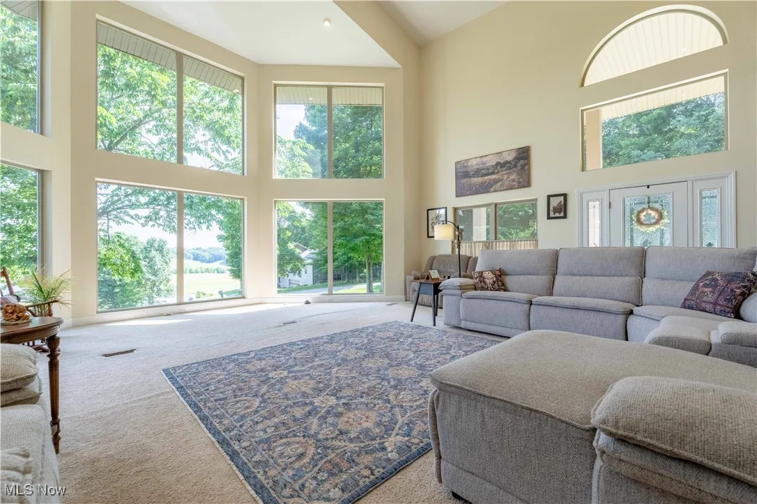Living area featuring a high ceiling, carpet, and plenty of natural light