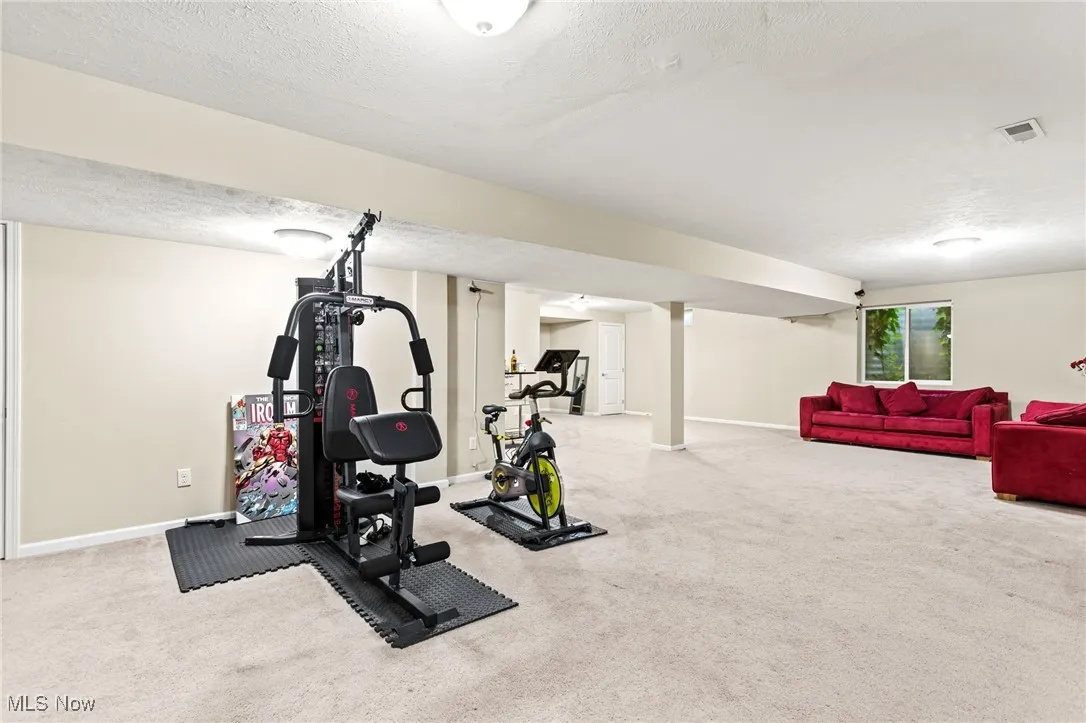 Workout area featuring a textured ceiling and carpet flooring