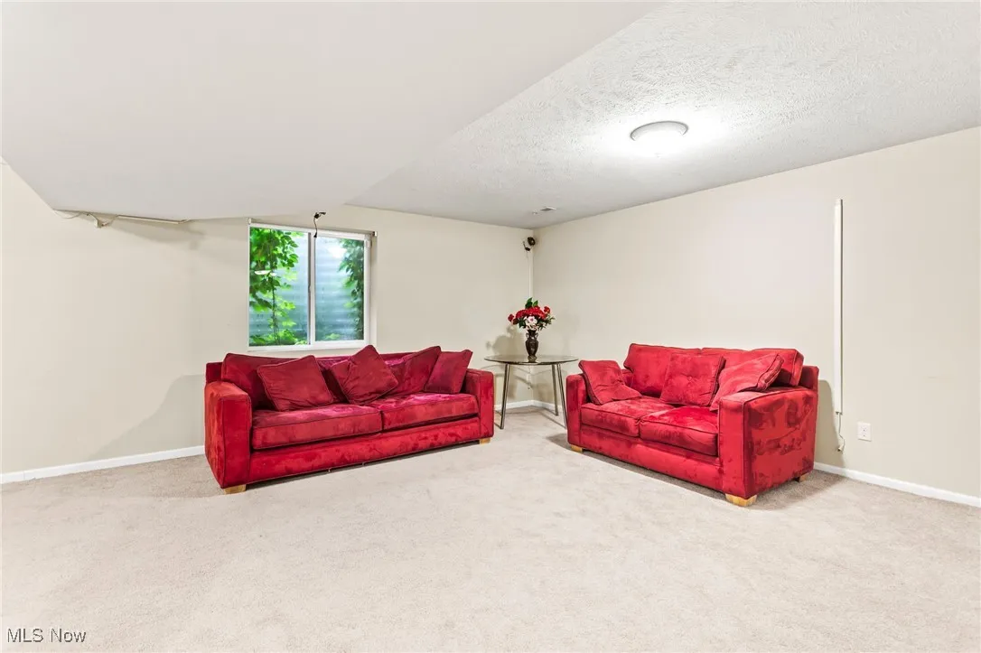 Living room with carpet and a textured ceiling