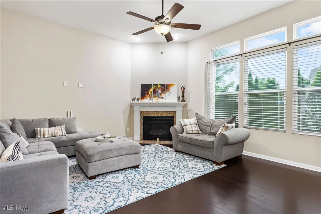Living area featuring wood-type flooring, ceiling fan, and a premium fireplace