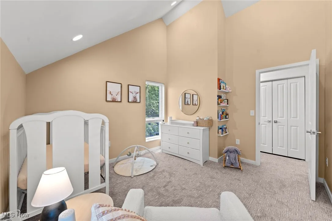 Bedroom featuring high vaulted ceiling and light carpet