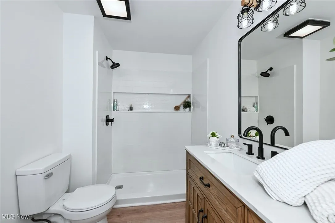 *ENSUITE FULL MASTER BATHROOM W/MODERN VANITY, MIRROR, FAUCET, FOUR SCONCE CAGED LIGHTING & WALK IN TILED SHOWER! ~