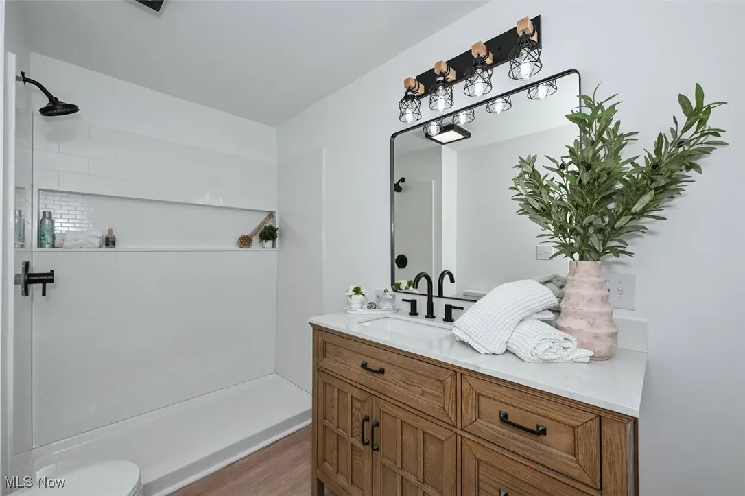 *ENSUITE FULL MASTER BATHROOM W/MODERN VANITY, MIRROR, FAUCET, FOUR SCONCE CAGED LIGHTING & WALK IN TILED SHOWER! ~