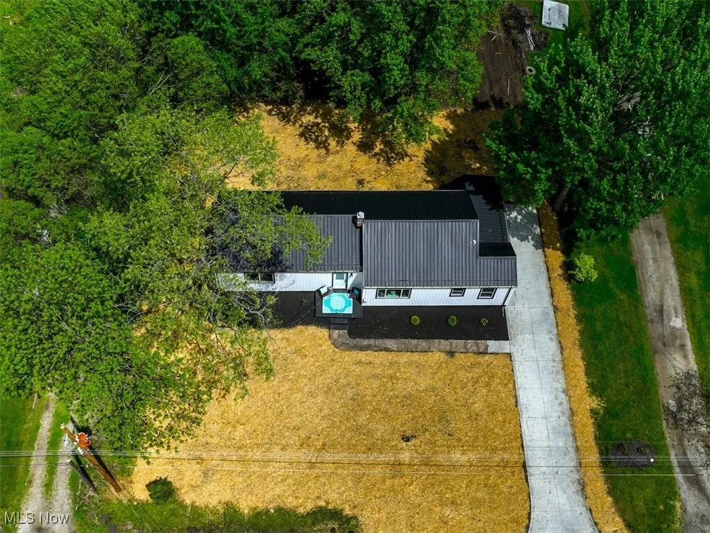 *FROM ABOVE SHOWING THE LONG CONCRETE DRIVEWAY, NEW METAL ROOF ~
