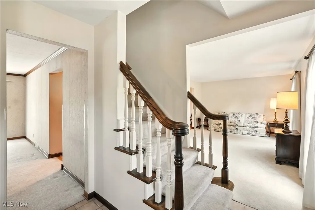 Stairs featuring carpet floors and baseboards