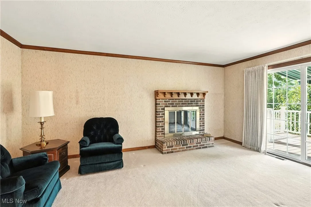 Living area with crown molding, carpet floors, and a fireplace