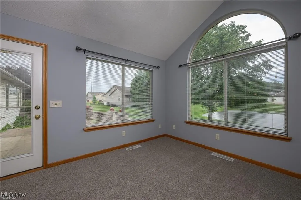 Spare room with vaulted ceiling and carpet