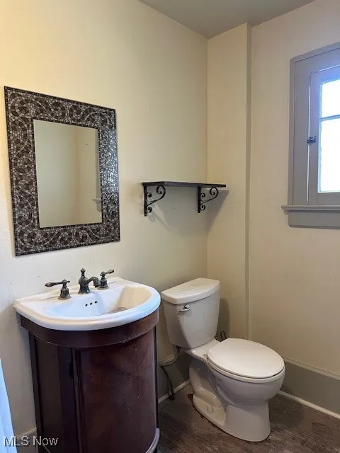 Bathroom with wood finished floors and vanity