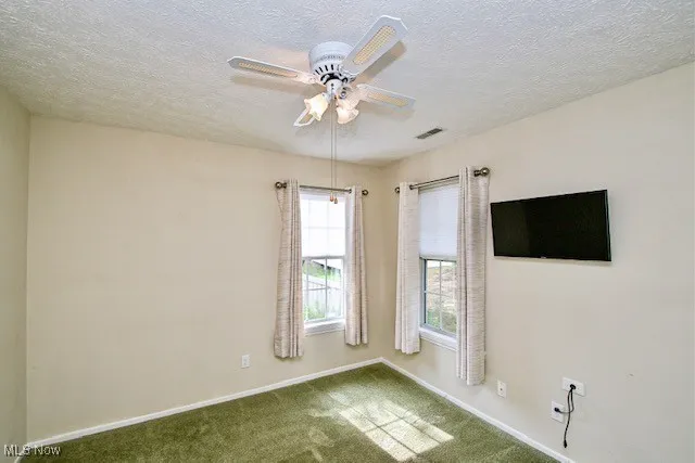 Unfurnished room featuring carpet floors, ceiling fan, and a textured ceiling