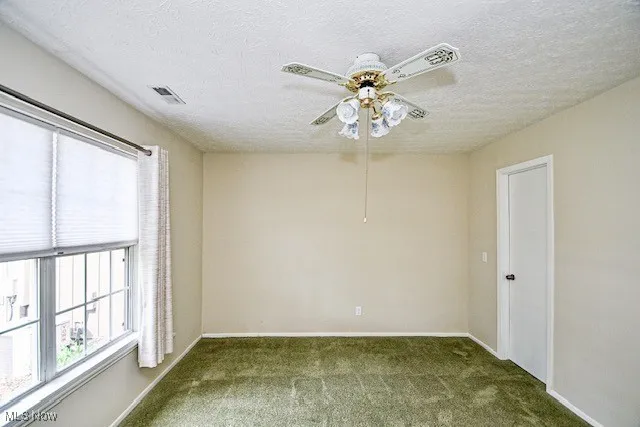 Empty room featuring carpet flooring, a ceiling fan, and a textured ceiling