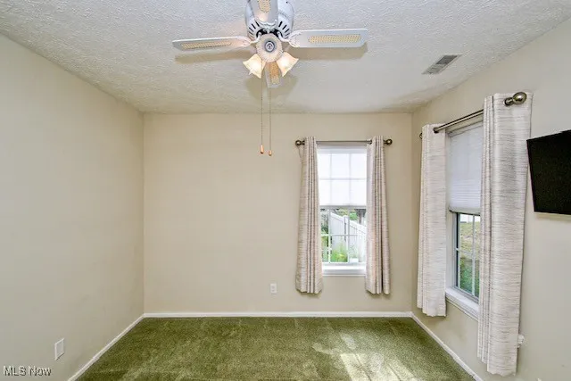 Empty room featuring carpet floors, a textured ceiling, and ceiling fan