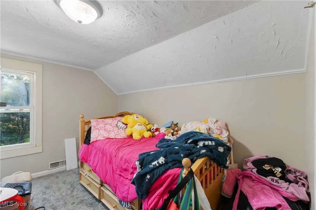 Carpeted bedroom with vaulted ceiling and a textured ceiling