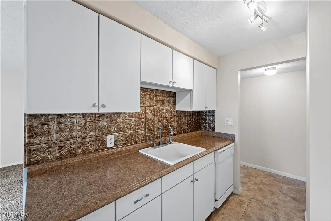 Kitchen featuring white dishwasher, white cabinets, dark countertops, and backsplash