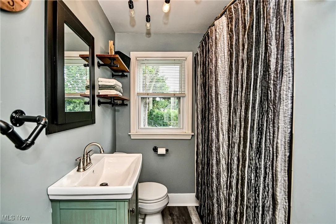 Bathroom with vanity, curtained shower, and LVT floors