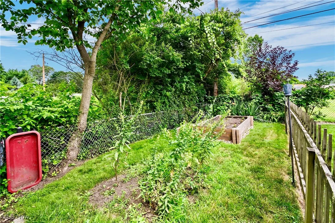 Fenced backyard with a garden