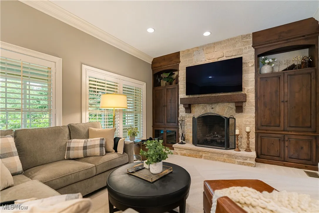Fantastic fireplace wall and built-in storage cabinet.