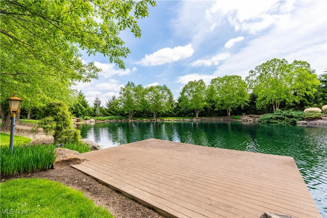 Dock and tree-lined private pond.