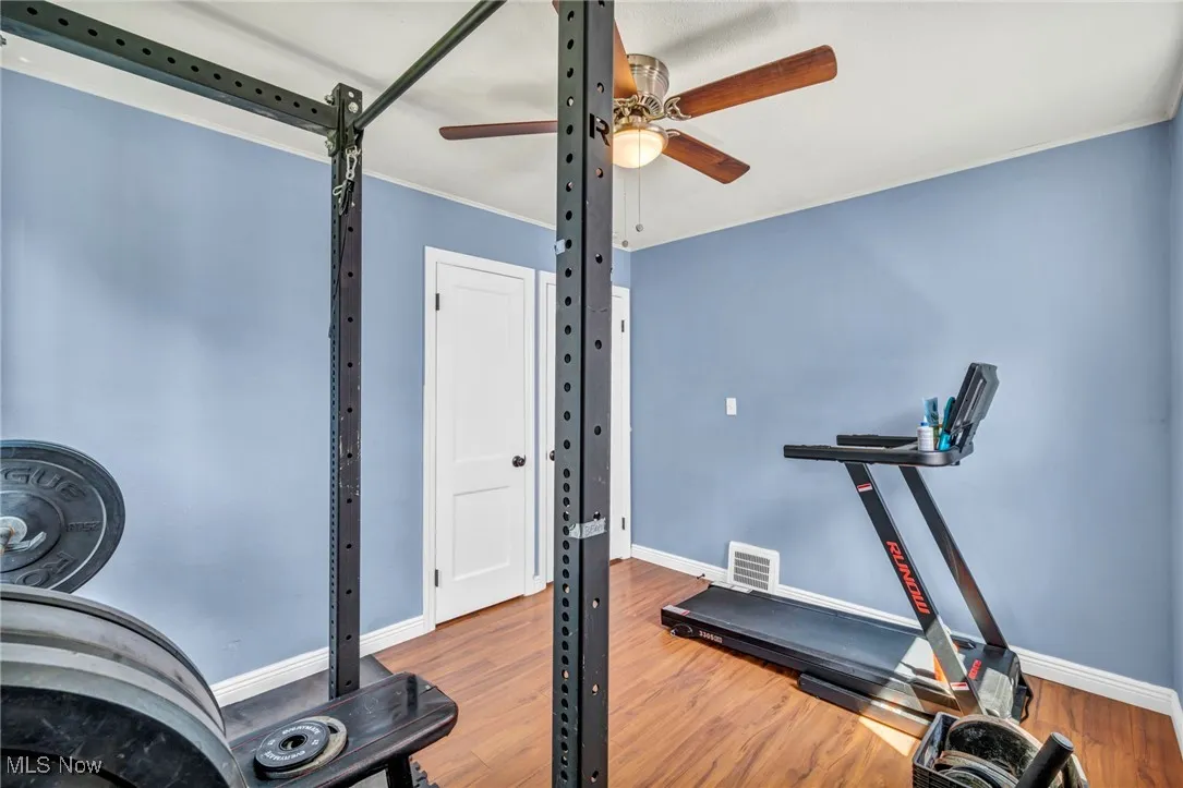 Exercise room featuring a ceiling fan, wood finished floors, and ornamental molding