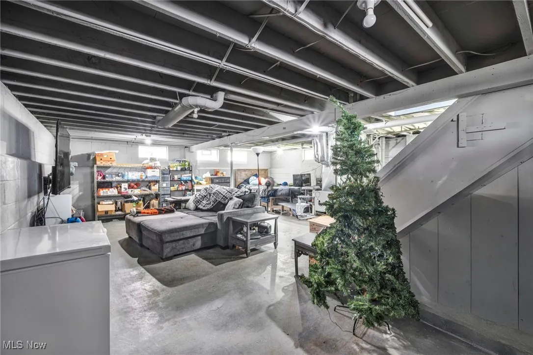 Basement featuring fridge