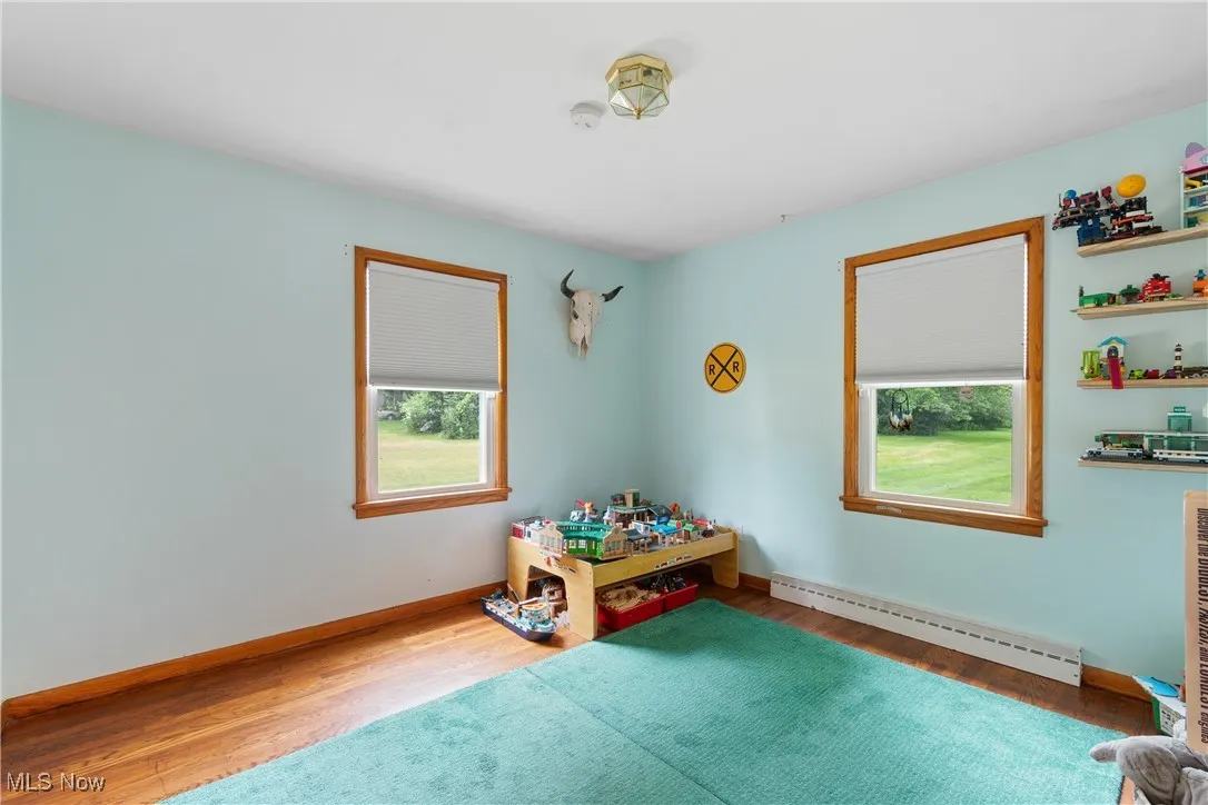 Rec room with baseboard heating and wood finished floors