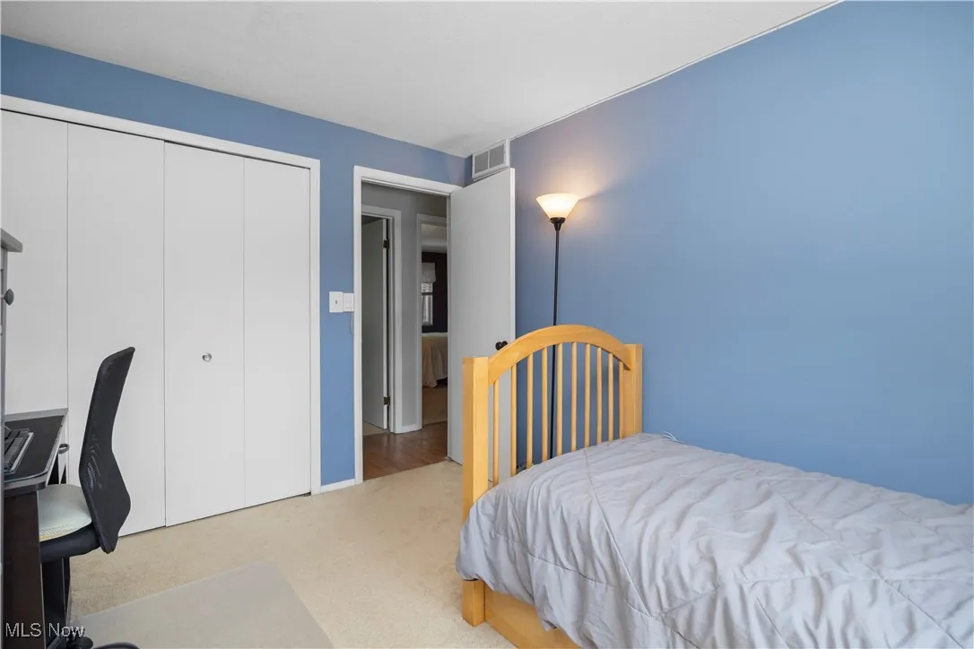 Carpeted bedroom with a closet and a desk