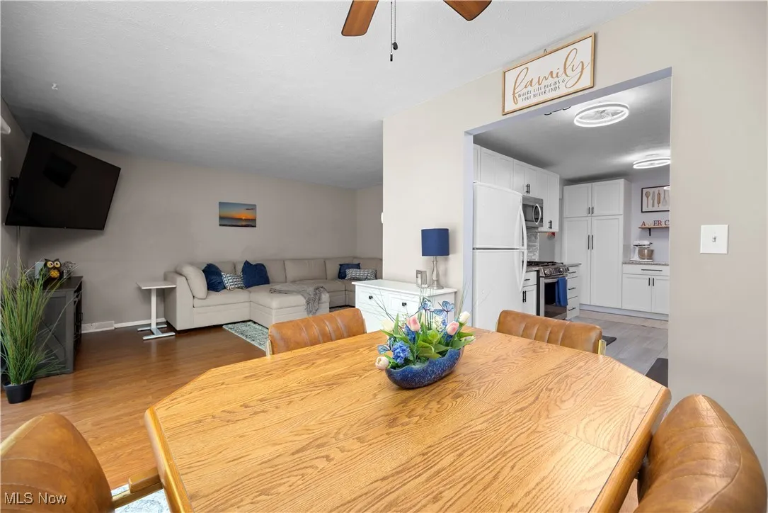 Dining room featuring light wood finished floors and ceiling fan