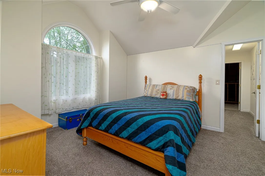 Carpeted bedroom featuring vaulted ceiling and ceiling fan