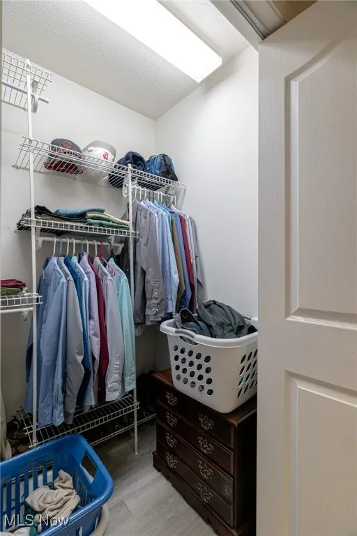 Walk in closet with wood finished floors