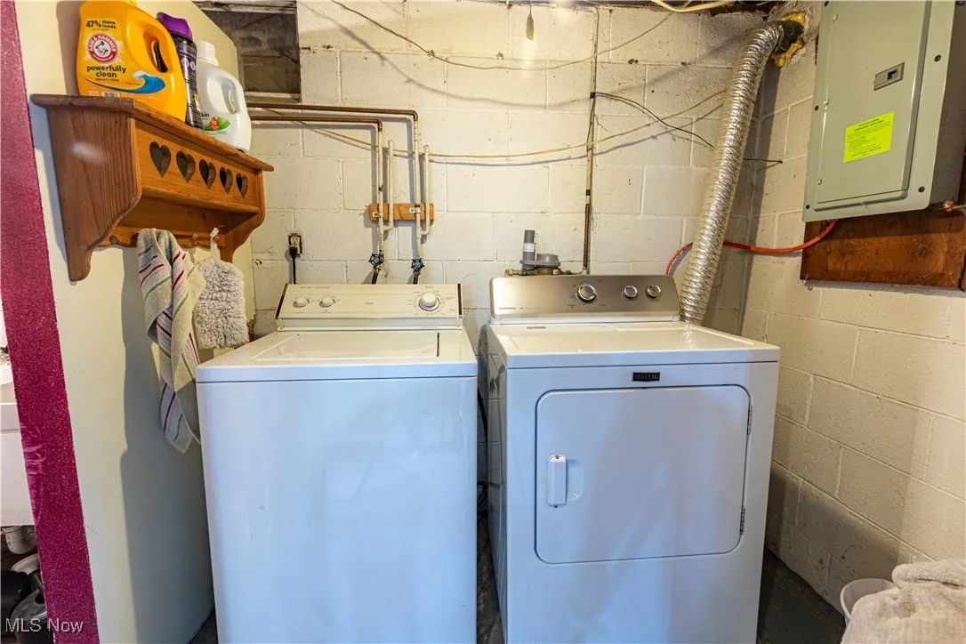 Laundry area with electric panel and washing machine and dryer