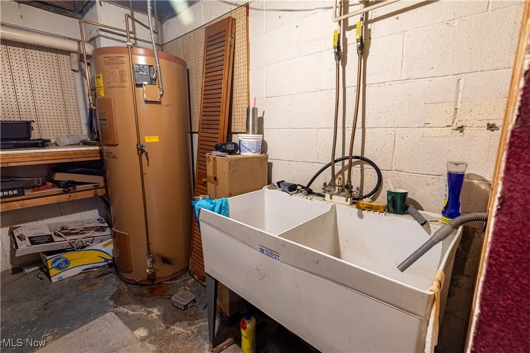 Utility room with water heater and a sink