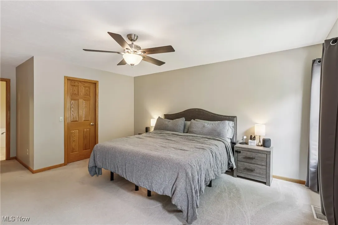 Primary bedroom with closet, ceiling / fan light and carpet flooring