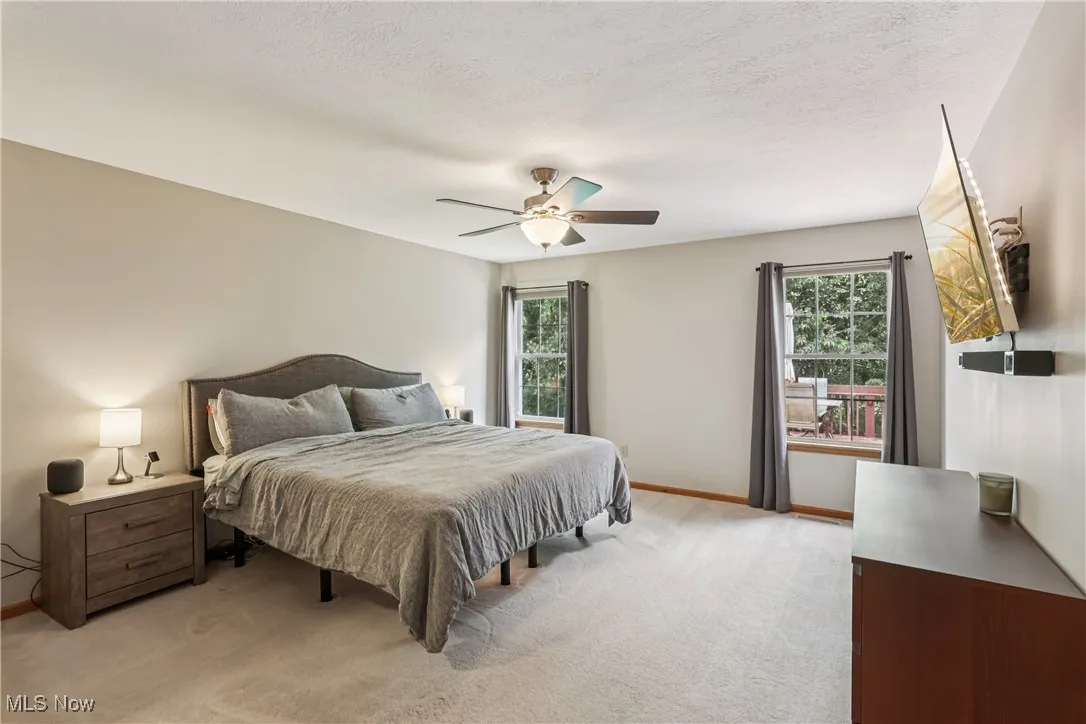 First floor primary bedroom with ceiling / fan light and carpet flooring