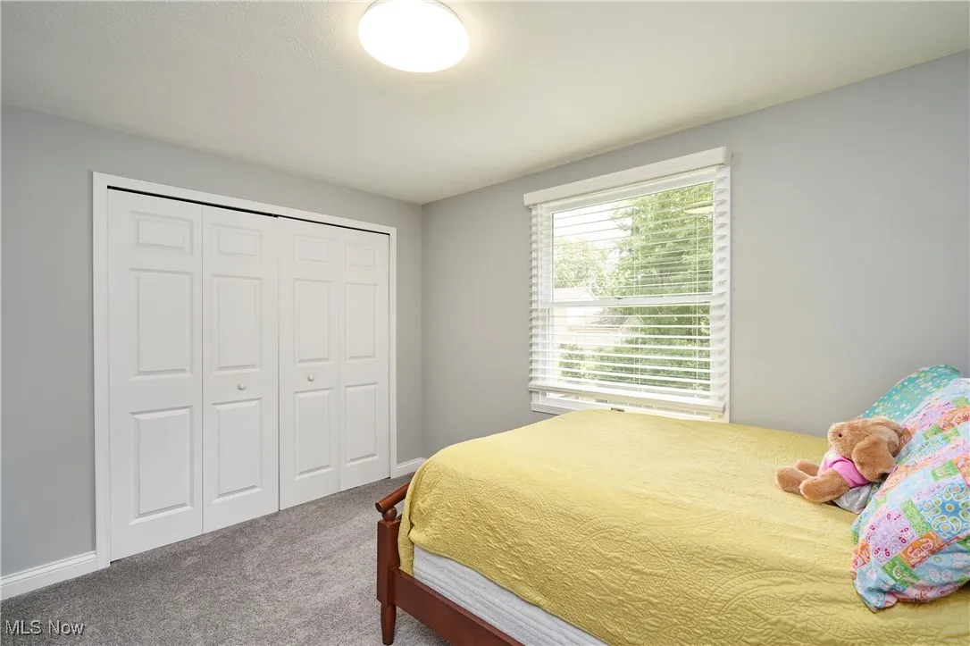 Carpeted bedroom featuring a closet