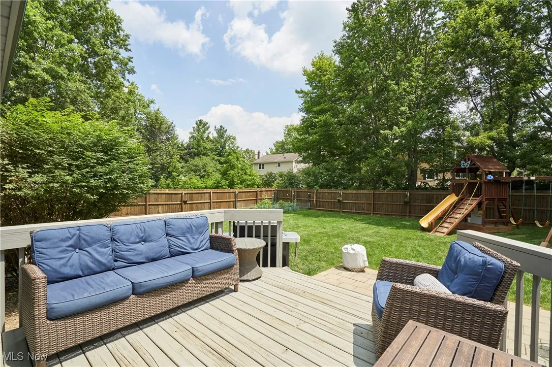 Wooden deck featuring a fenced backyard and a playground