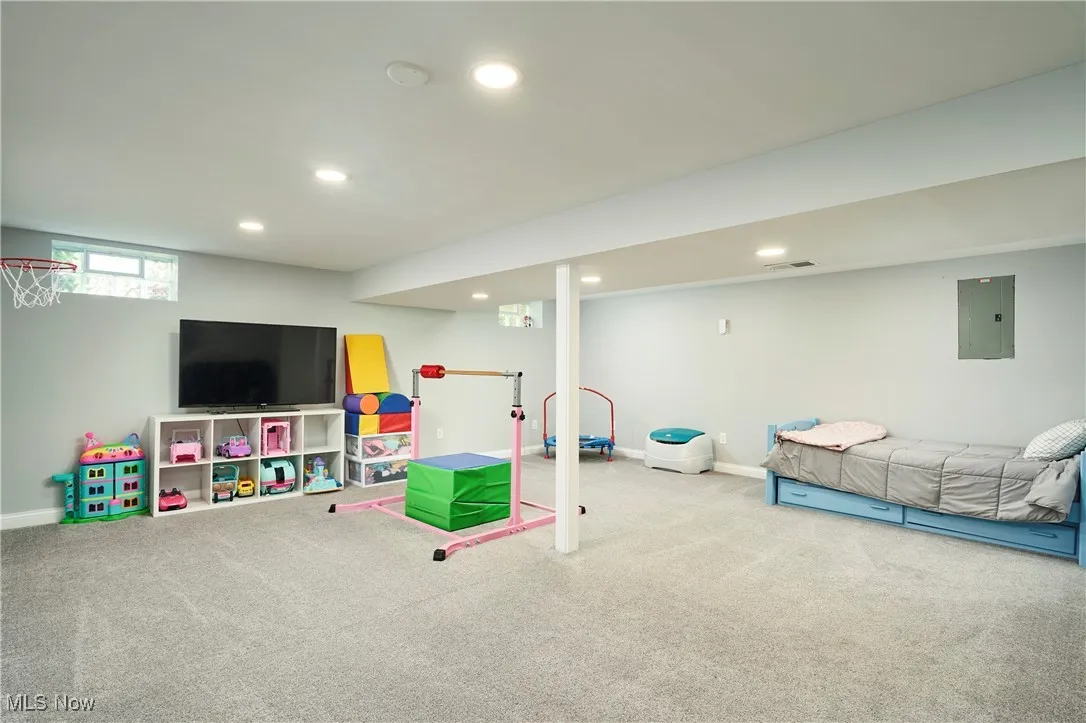 Recreation room with electric panel, carpet, and recessed lighting