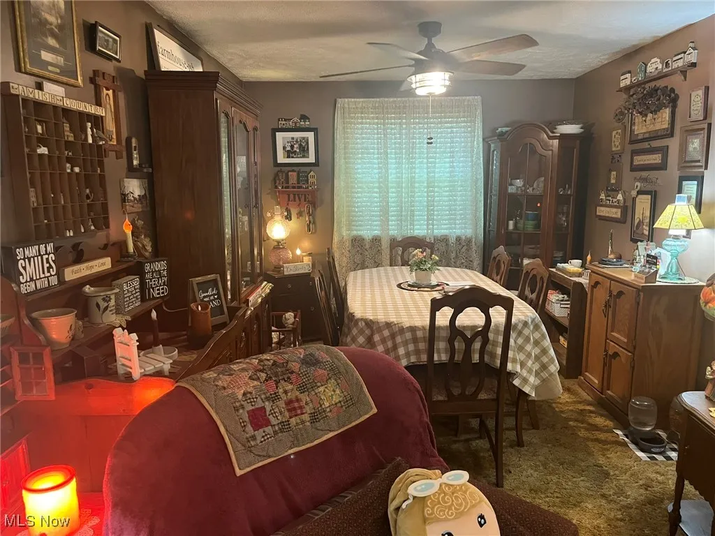 Carpeted dining space with ceiling fan