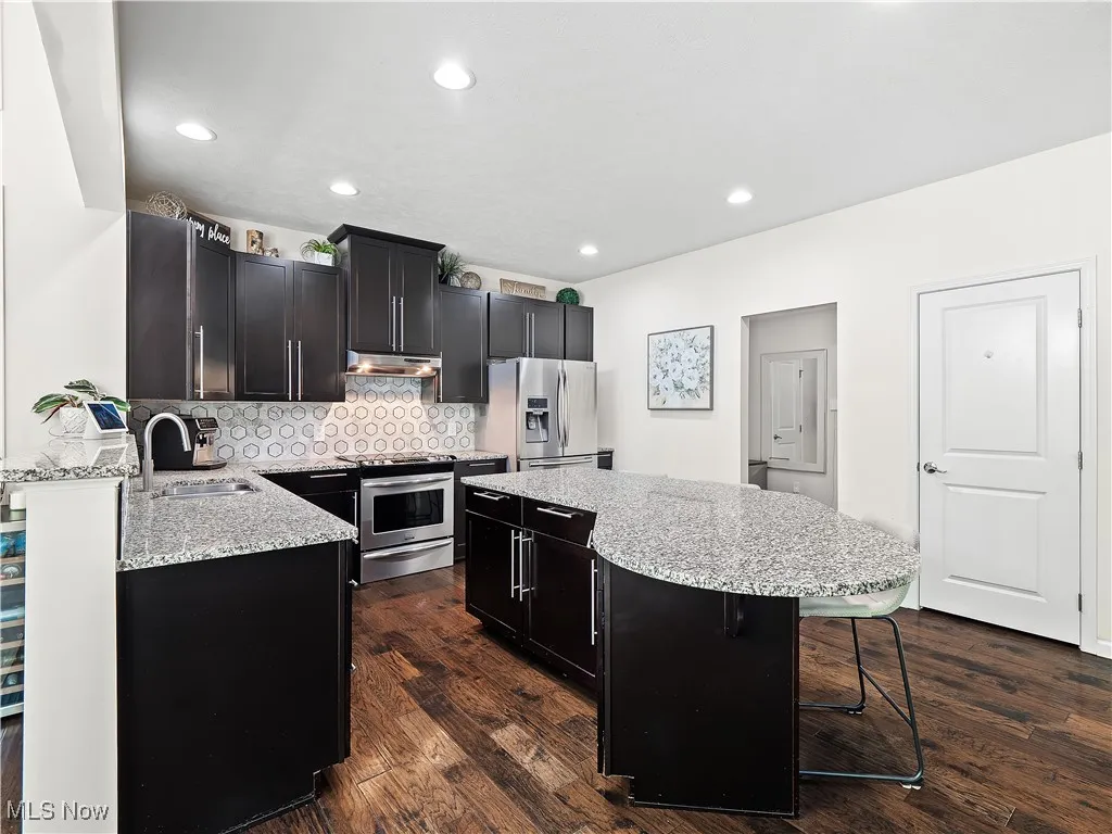 Kitchen featuring appliances with stainless steel finishes, under cabinet range hood, a center island, dark cabinetry, and recessed lighting