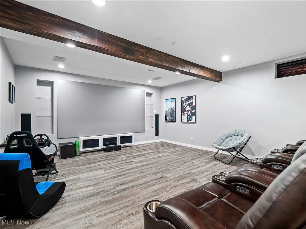 Cinema room featuring wood finished floors, beam ceiling, and recessed lighting